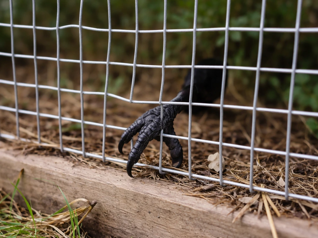 Close-up of oversized hardware cloth barrier with gaps that show how a crow could reach the nest.