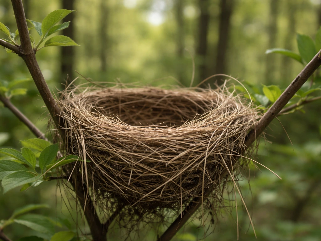 Close view of a partly built bird nest in a shrub, with twigs and soft nesting material.
