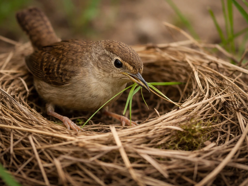 Close-up of a small bird weaving soft grasses into a nest in natural light