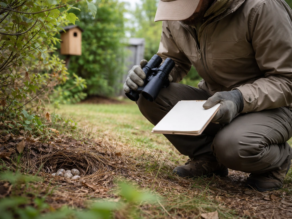 Anonymous bird conservation monitor using binoculars and a plain field checklist near a nest area.