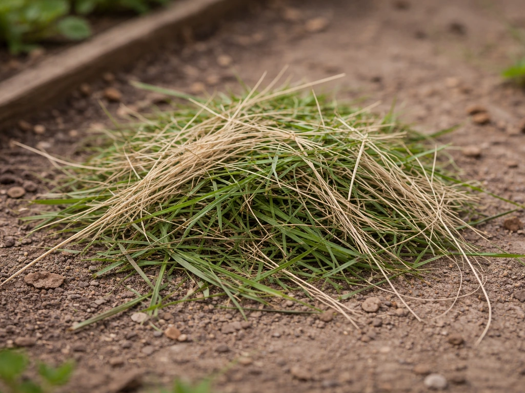 Close-up of a small loose pile of natural grass clippings and fibers offered for birds