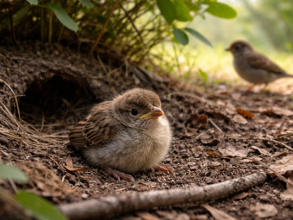 Ground-level view of a small fledgling on leaf litter near a low shrub, softly lit, with distance and care.
