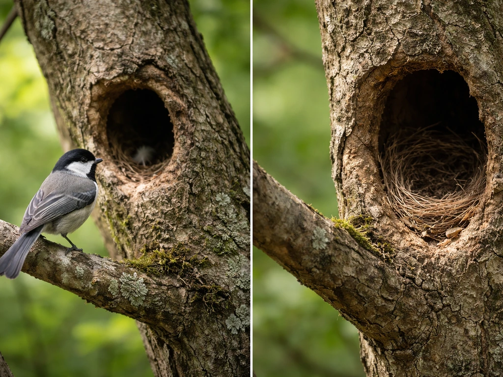 Split scene: bird appears near an active nest vs an empty abandoned nest in a quiet yard