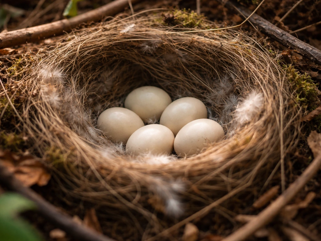 Close-up view into a bird nest showing clean eggs and soft feathers from a safe inspection angle