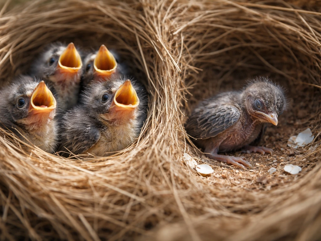 Close-up of warm nestlings in a nest contrasted with a colder, empty nest area nearby