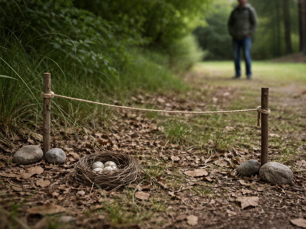 Bird nest left undisturbed with a simple keep-out distance marker and observer staying back.