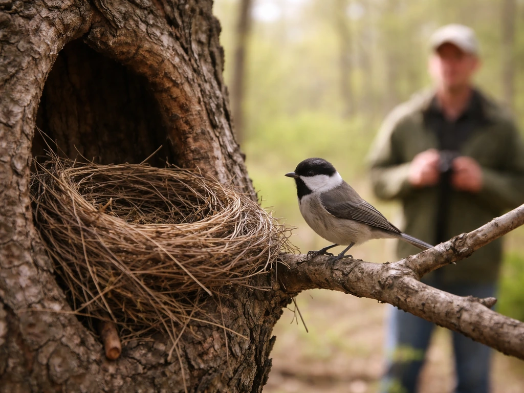 Abandoned bird nest in a tree cavity with a nearby bird and an anonymous observer in the background.