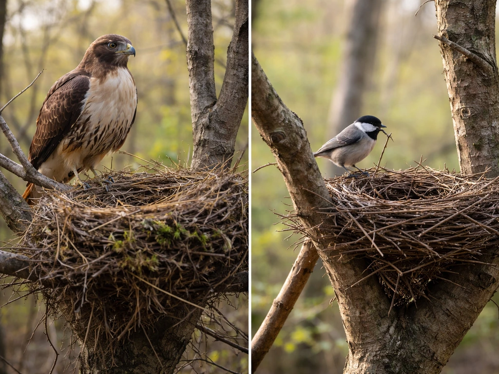 Two raptors near an old nest and a separate bird at a fresh nest on a branch, simple nature scene