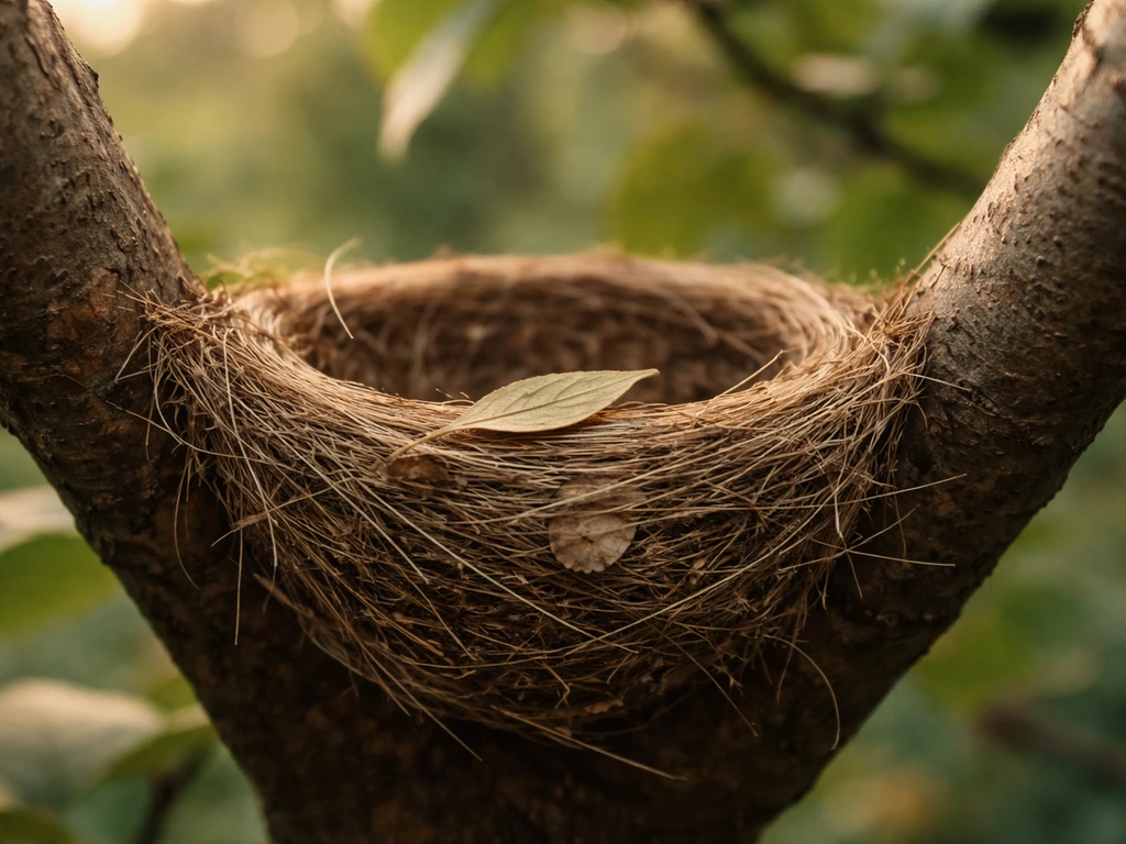 Macro view of a bird nest with a single leaf resting on the rim, calm and undisturbed.