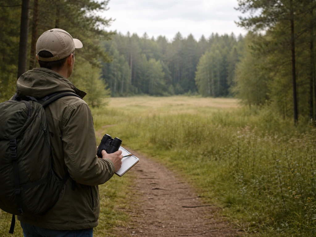Person standing far from a forest nest area, using binoculars while writing in a notebook.
