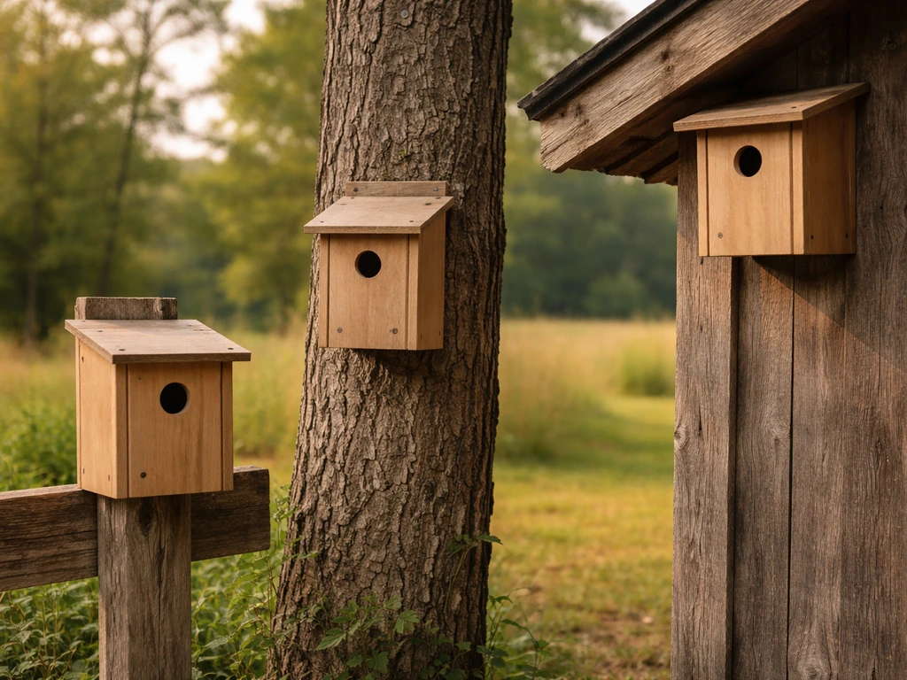 Three wooden nest boxes mounted on a post and tree, front openings visible outdoors