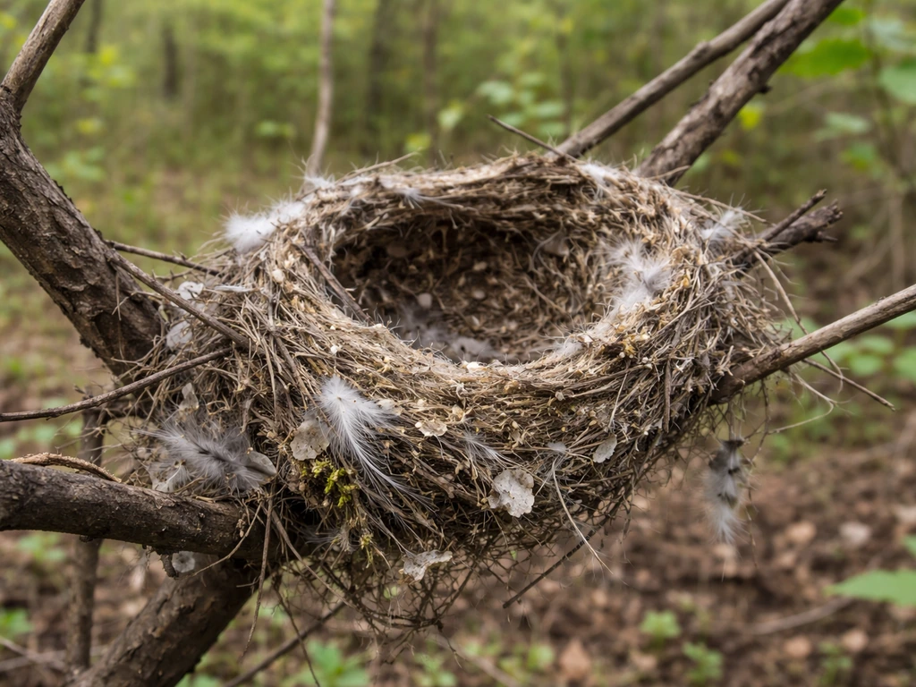 Partially collapsed bird nest with scattered feathers and twigs on a low branch, outdoors in natural light.