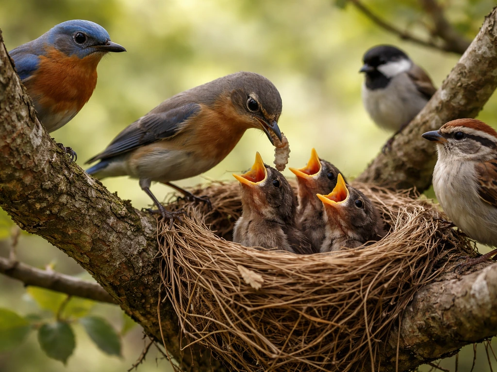Active bird nest on a tree branch with multiple adult birds nearby, feeding and attending.