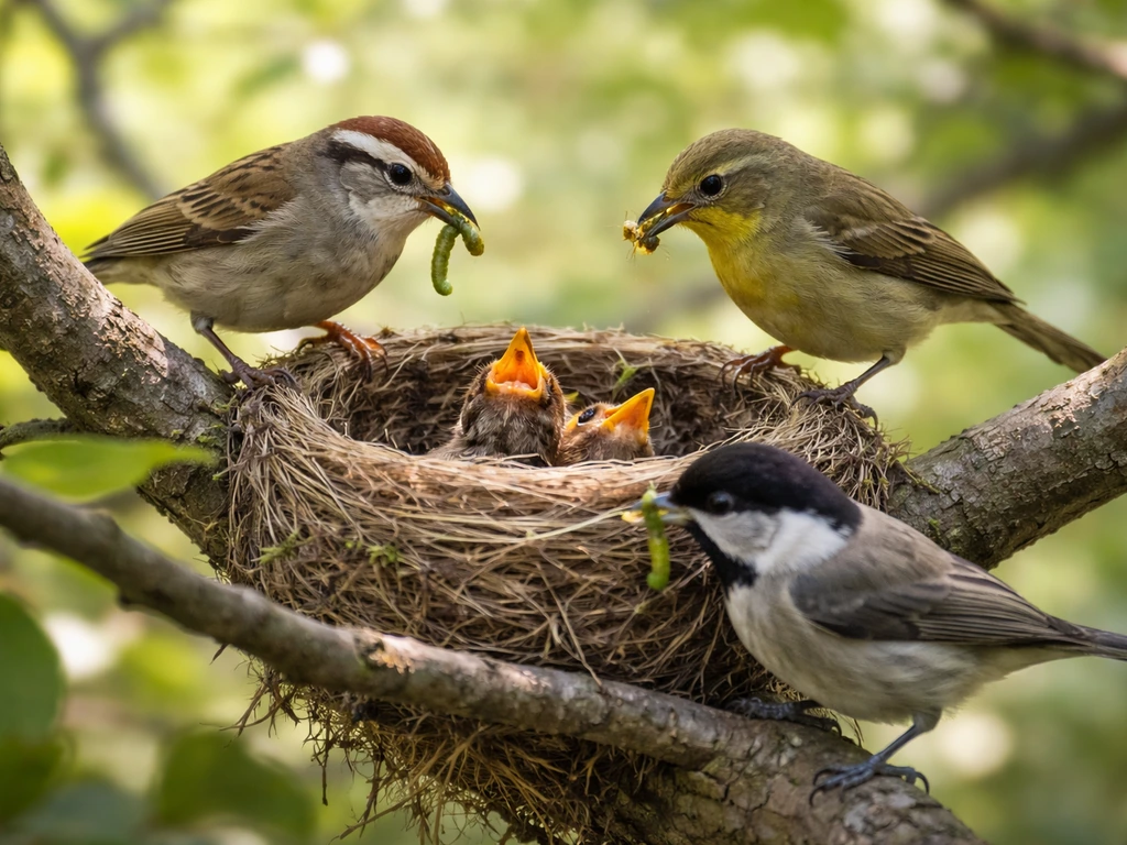 Two small songbirds feeding chicks at a nest with another adult perched nearby, natural outdoor setting