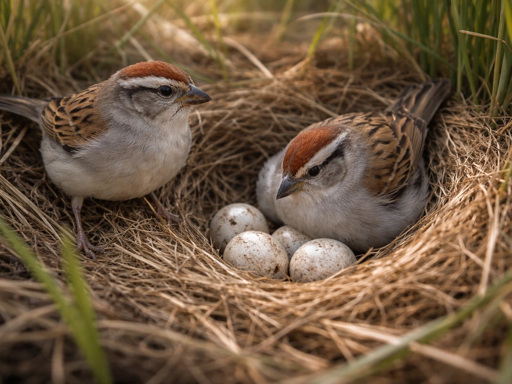 Two adult birds trade on a nest over eggs in a natural outdoor setting