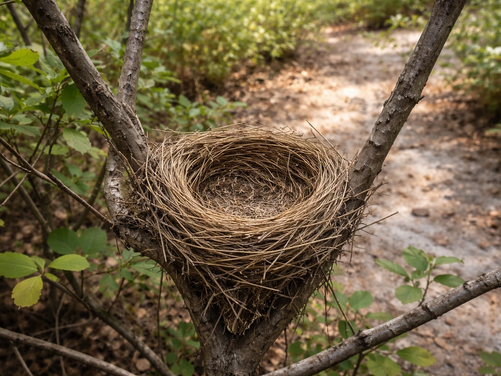 Close view of a small bird nest with twig lining in a scrubby woodland edge