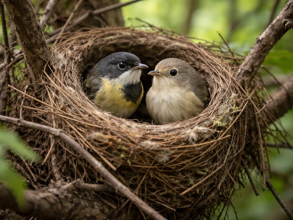 Two different-looking songbirds perched at the edge of a nest in soft morning light.