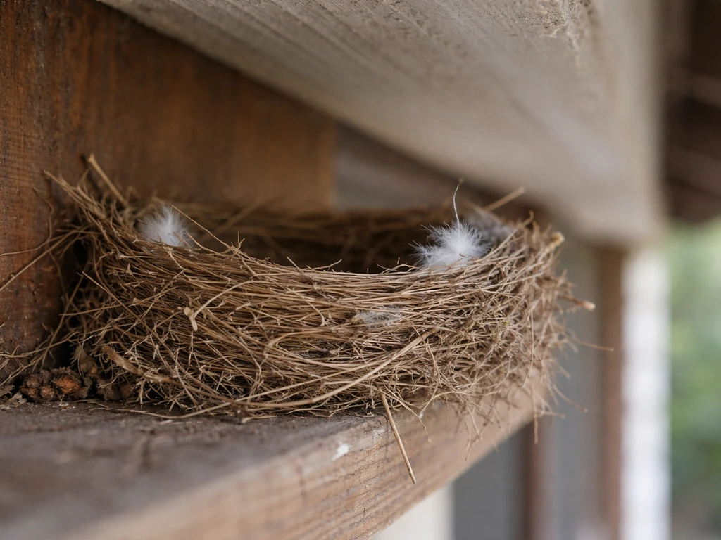 Partially reused bird nest under a porch eave with fresh debris and a few feathers, no people.