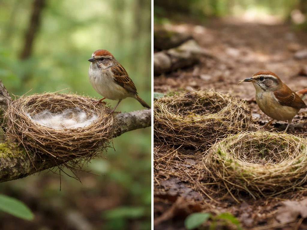Split view of two bird nest reuse cases: renovation with fresh lining and building a new nest using an old base.