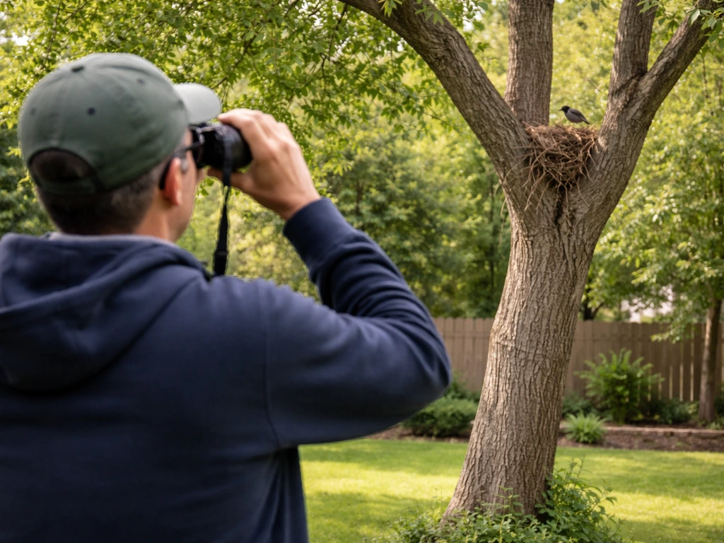 Homeowner using binoculars from a safe distance while an active bird nest sits in a tree, birds nearby.
