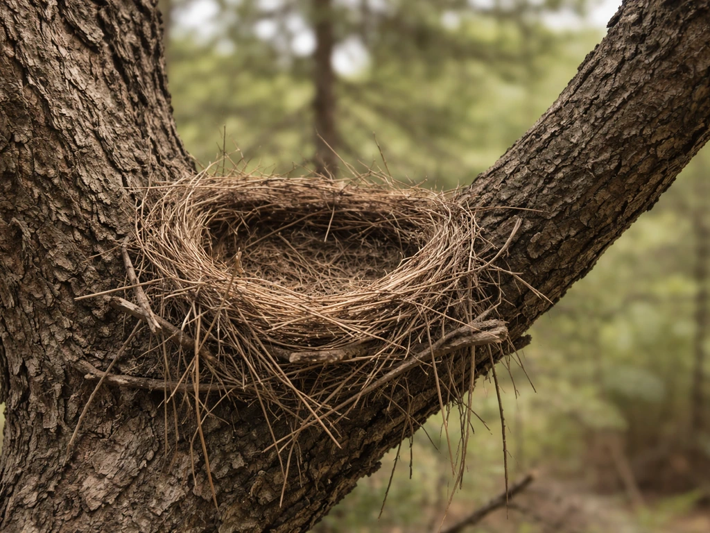 Close-up of an apparently empty bird nest in a tree branch with dry twigs and no adult activity signs.