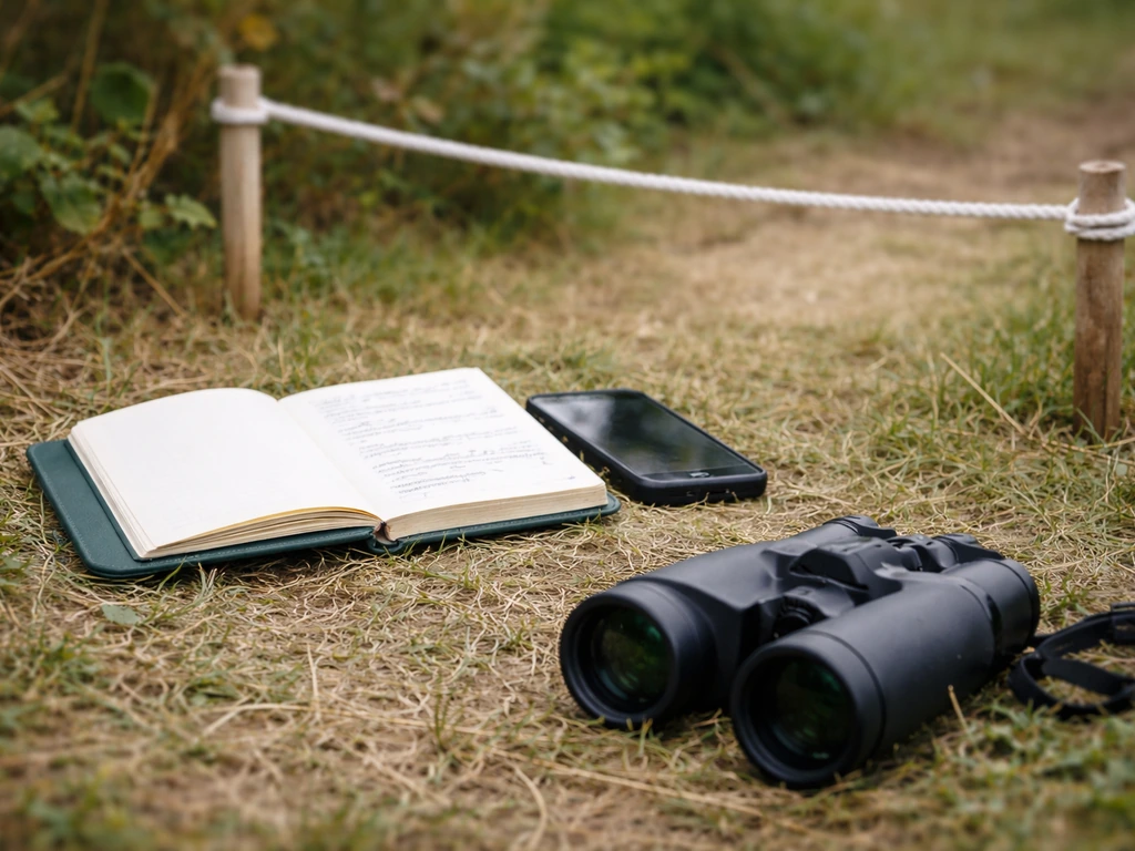 Notebook and phone with binoculars at a quiet nest site, with a simple safe viewing distance marker.