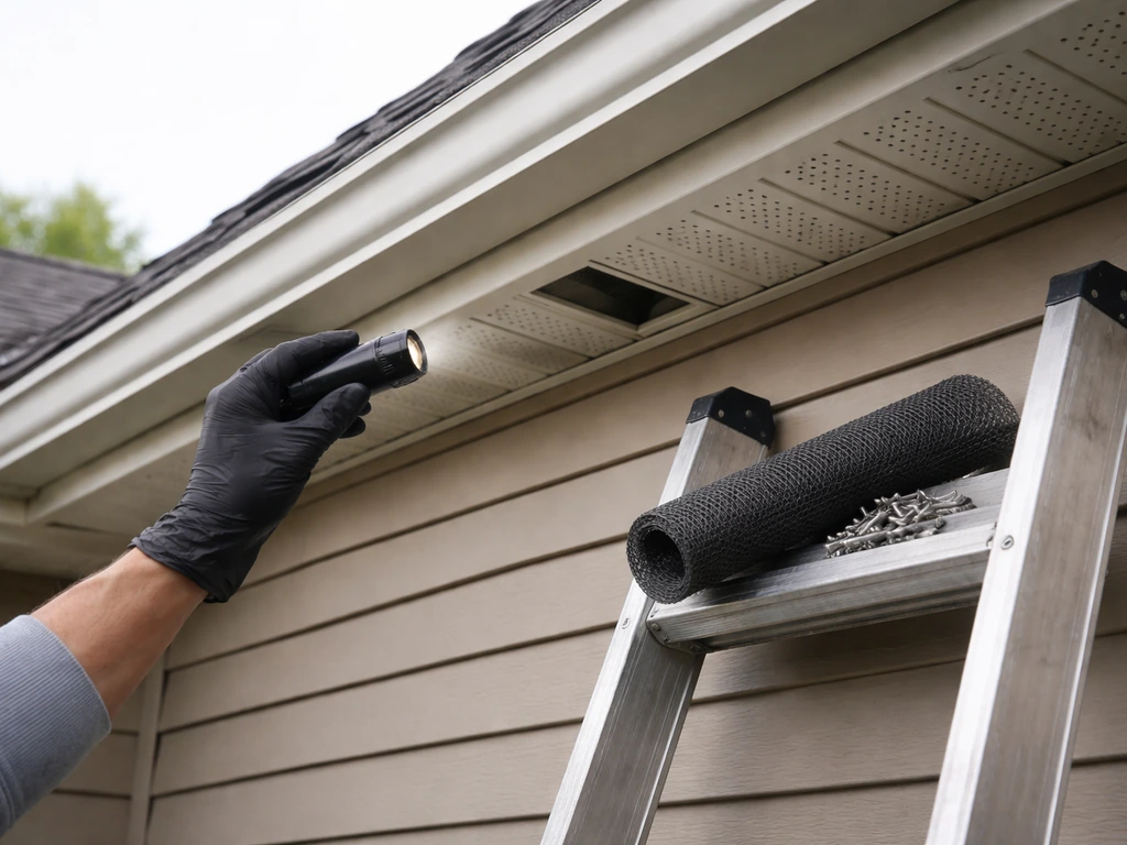 Home roofline and eaves with a wildlife exclusion inspection vibe near vents and nesting entry spots.