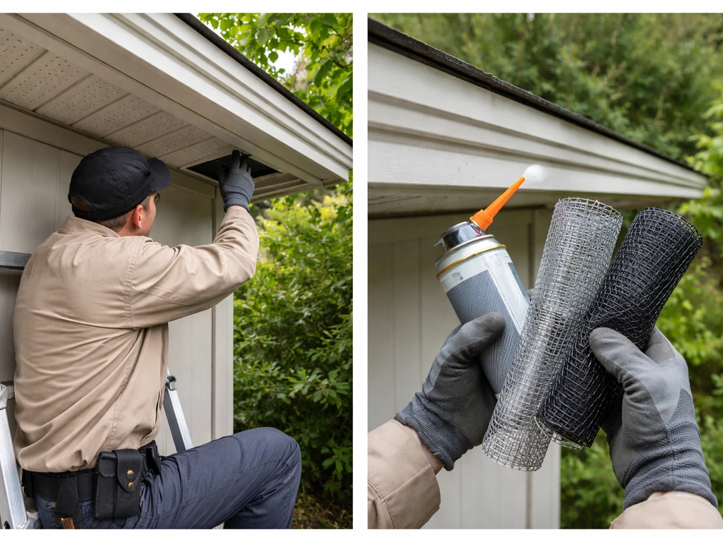 Technician inspects roof soffit entry points and holds bird-exclusion mesh and sealant materials.