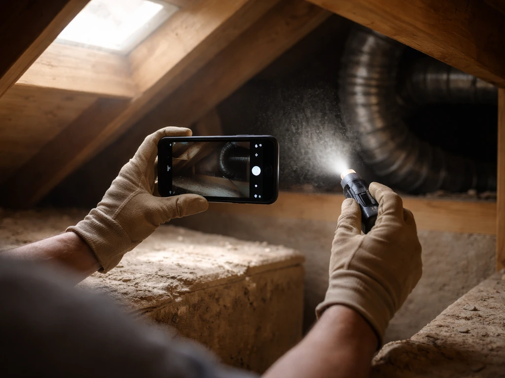 Gloved hands using a phone camera and flashlight to inspect a potential nest in an attic vent area.