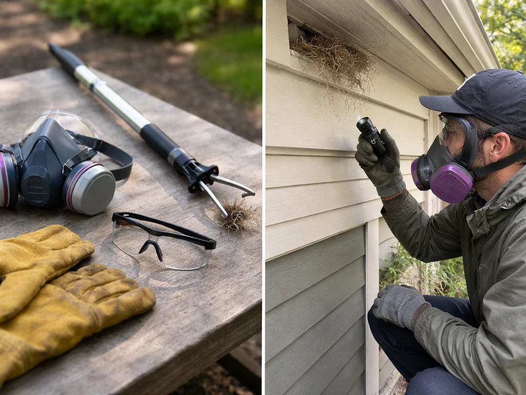 Split view of DIY tools beside a wildlife technician inspecting an empty nest area with safety gear