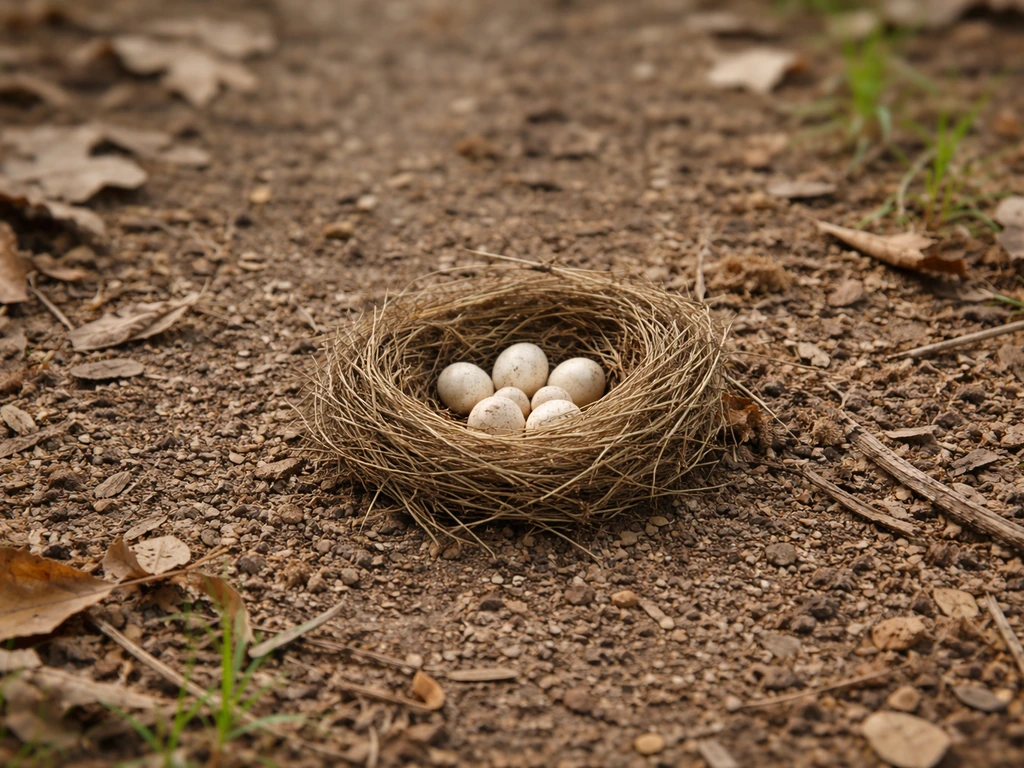 Fallen bird nest with eggs on leaf-covered ground, safe distance implied by surrounding yard debris