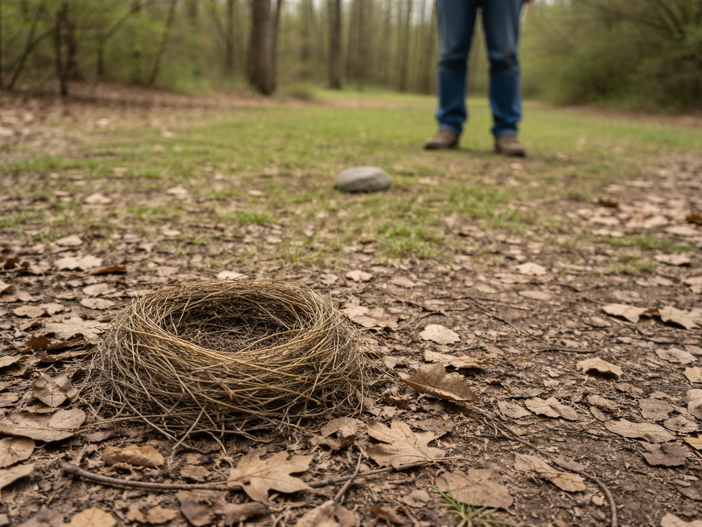 Bird nest on the ground with an observer standing back several meters away in a natural woodland setting.