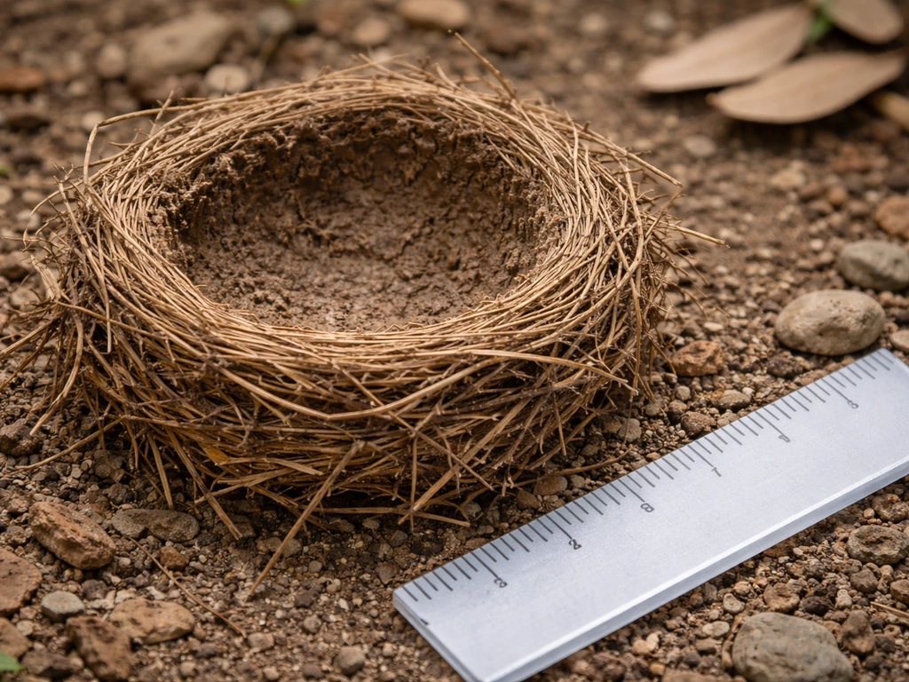 Macro view of a small cup nest of grasses and twigs lined with mud, with a ruler for scale