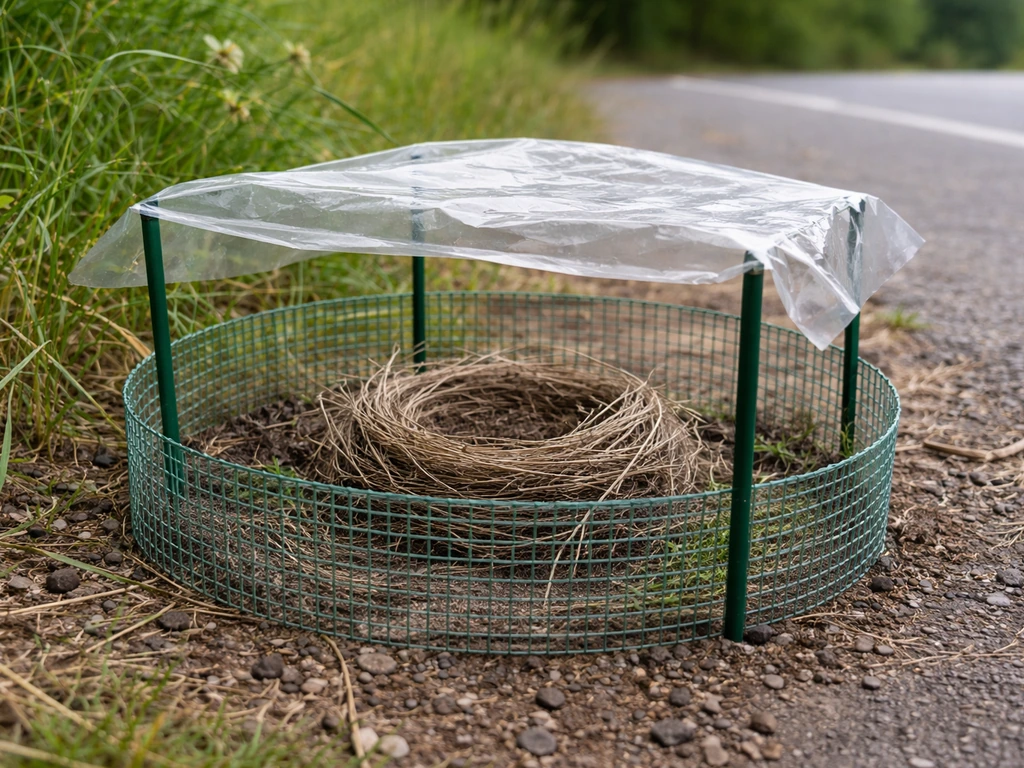 Abandoned bird nest near a roadside secured with a simple mesh barrier and light overhead cover.