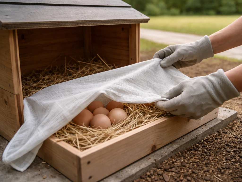 Hands placing a breathable cloth cover over eggs in a small nest box, with people and pets kept away.