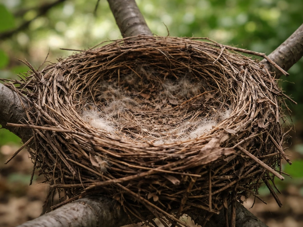 Close-up of a bird nest lining with twigs, leaves, and soft natural fibers on a branch.