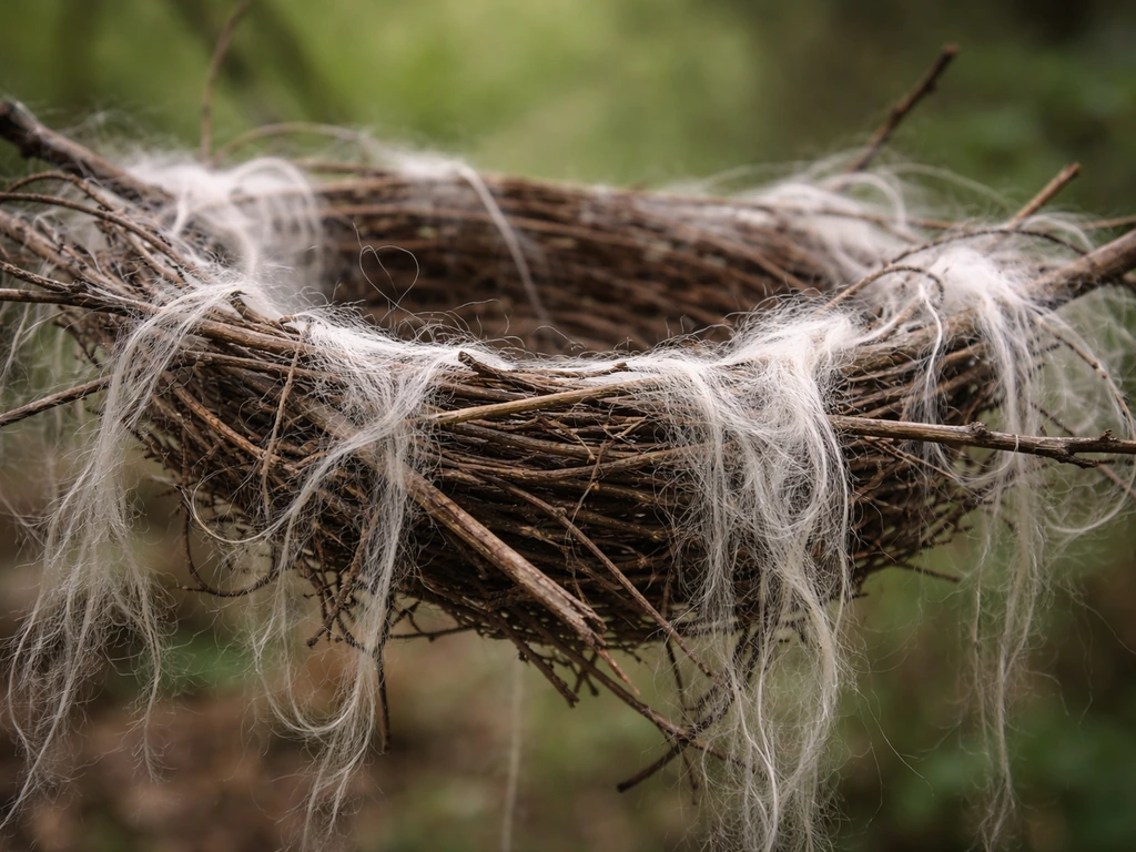 Small twig nest with teased cotton fibers tangled into long loose strands, suggesting bird entanglement risk.