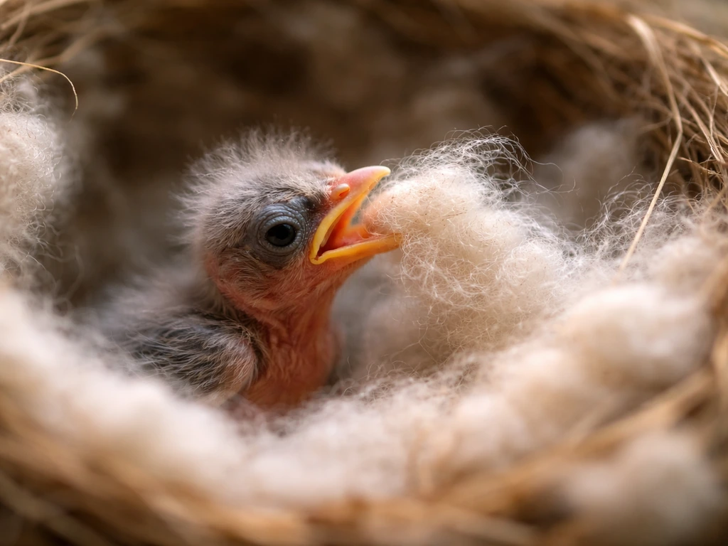 A small nestling mouthing fuzzy loose cotton fibers in its nest, showing ingestion risk.