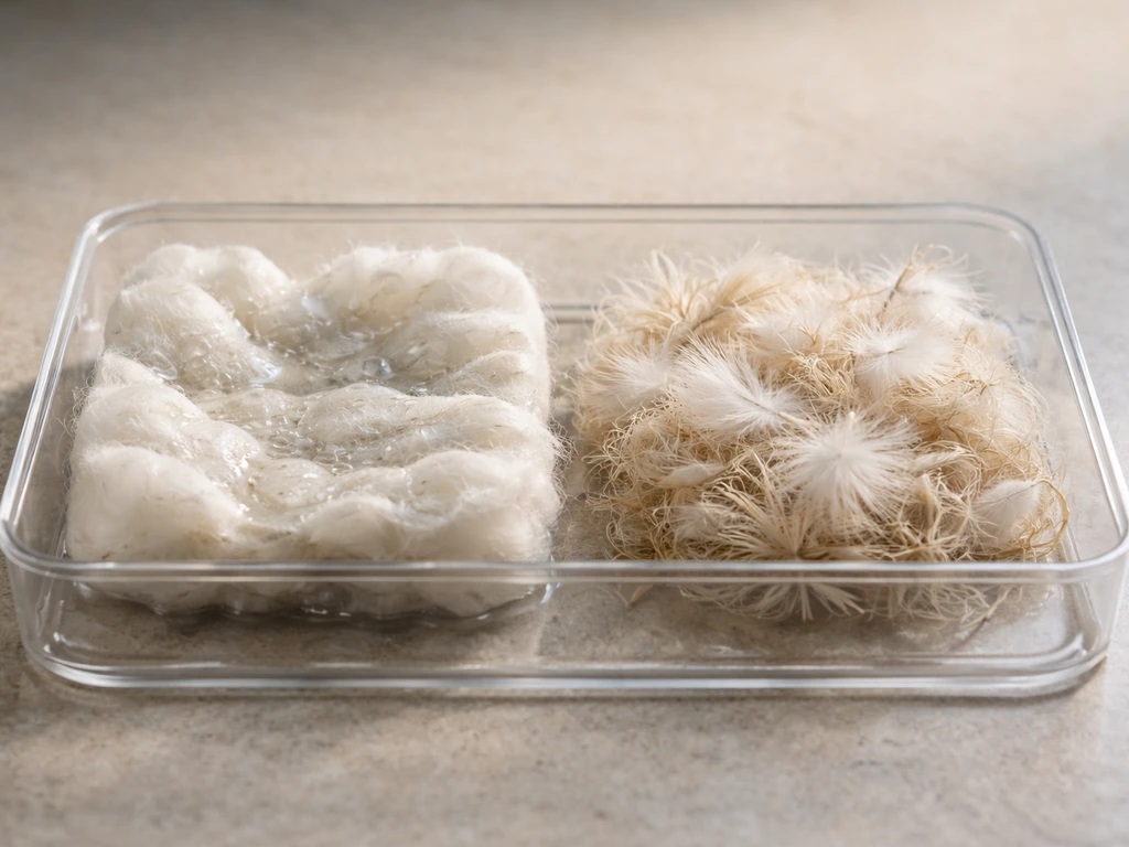 Close-up of cotton nest lining visibly wet beside dry feather fluff in a simple shallow tray.