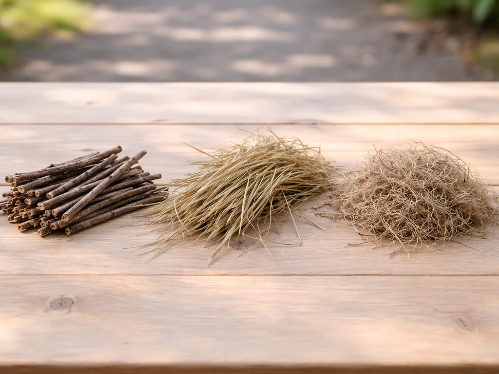 Bird-friendly nesting materials—dead twigs, dry grass strips, and untreated natural fibers—arranged on a table.