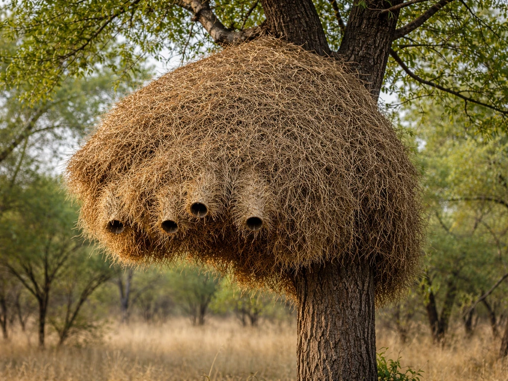 Dome-shaped sociable weaver nest mass in a tree with several entrance tubes visible from a distance