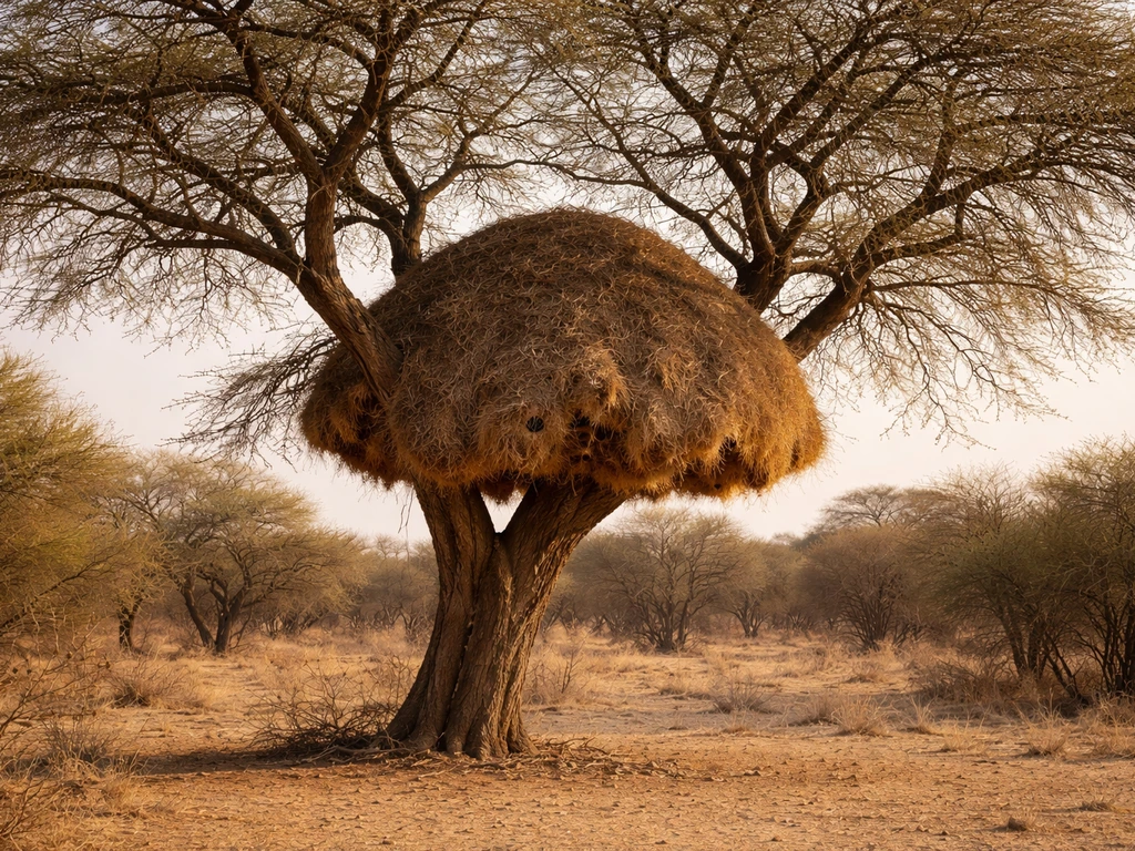 A sociable weaver nest dome in a tree, viewed from far away to show shape and scale.