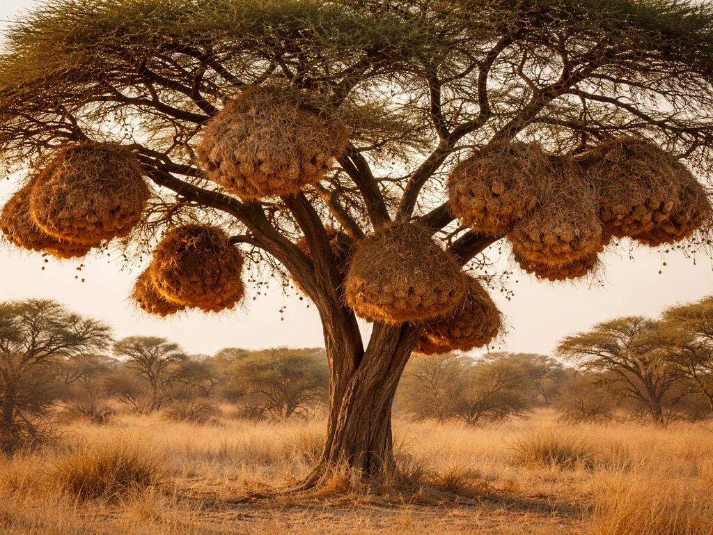 Wide view of a large sociable weaver colony with several nest clumps in one tree, showing colonial scale.