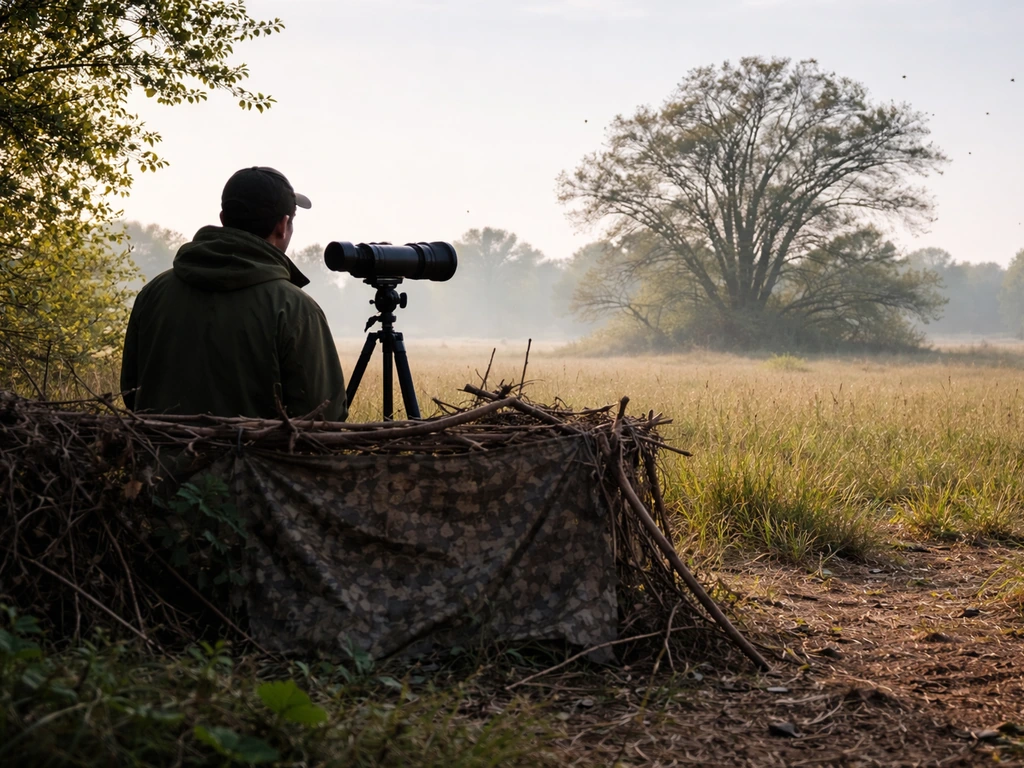 Observer using binoculars from a safe distance while an active bird nest colony tree sits in the background.