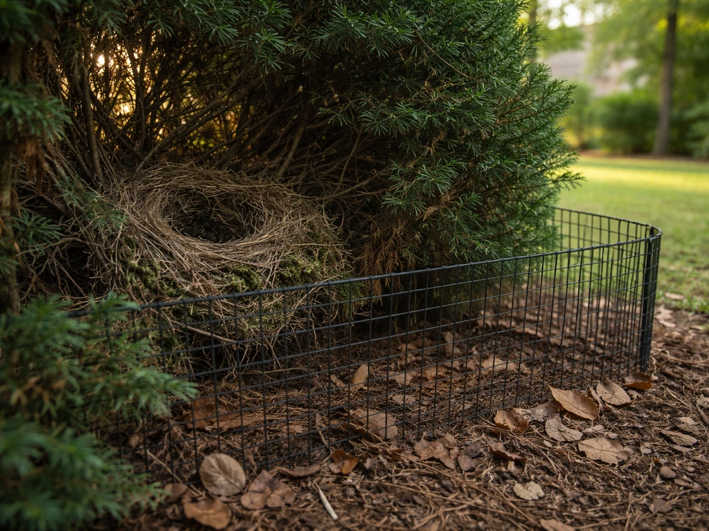 A small bird nest tucked in yard shrubbery with nearby natural cover and protective barrier materials.