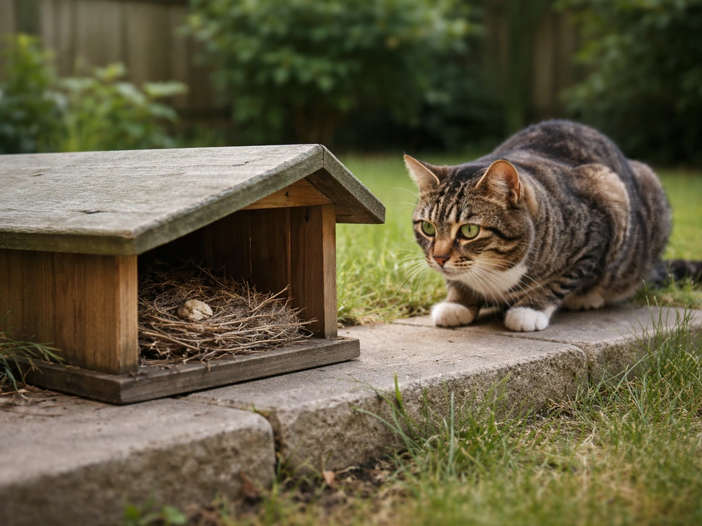 Crouched cat near a covered bird nest box in a quiet backyard setting, showing predation risk.