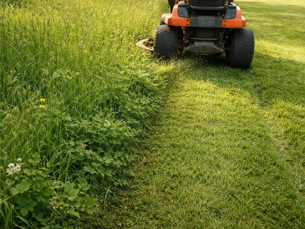 Lawn mower passes over grass, showing an unmowed strip next to a freshly mowed stripe on meadow ground.