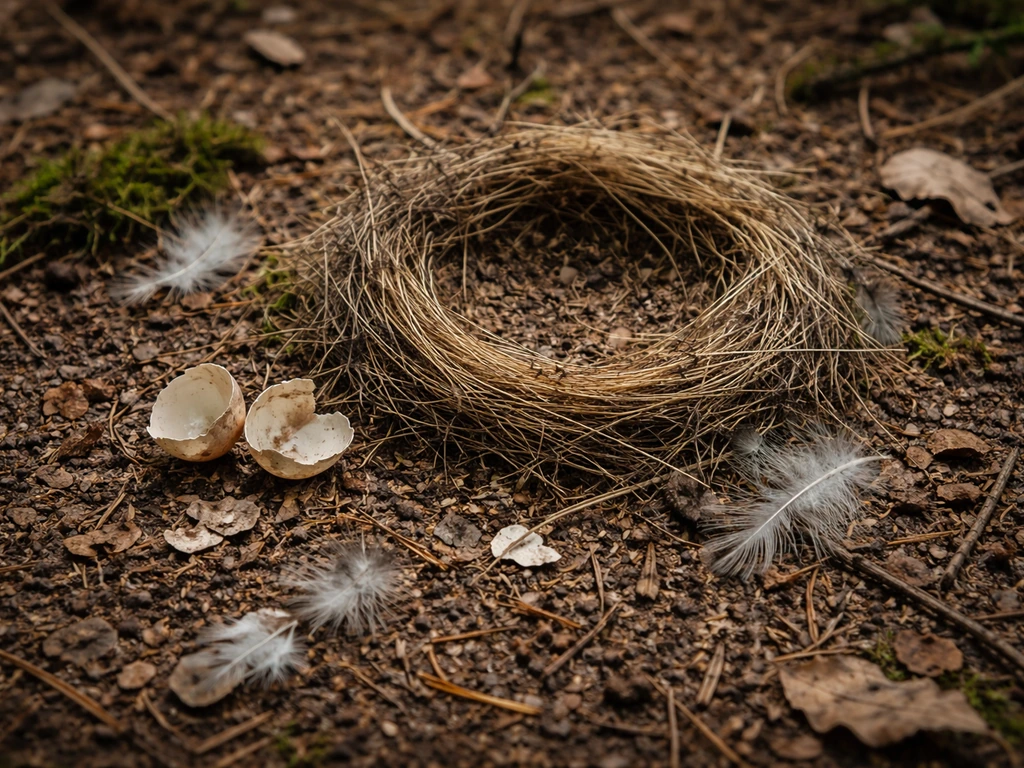 Close view of a disturbed ground nest with cracked eggshell fragments and scattered feathers on forest floor.