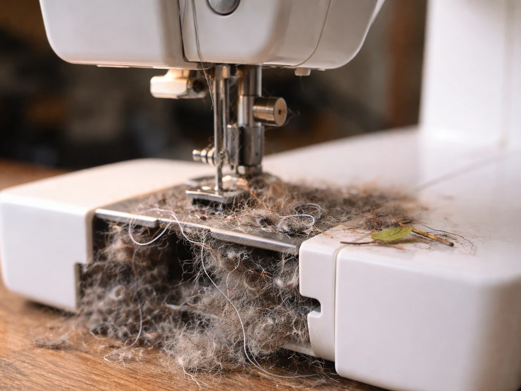 Sewing machine with tangled lint/thread near the feed area and a small twig fragment by the body