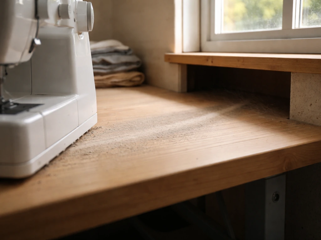 Side view of a garage sewing area showing gaps around a machine and an accessible window/ledge for nesting checks.